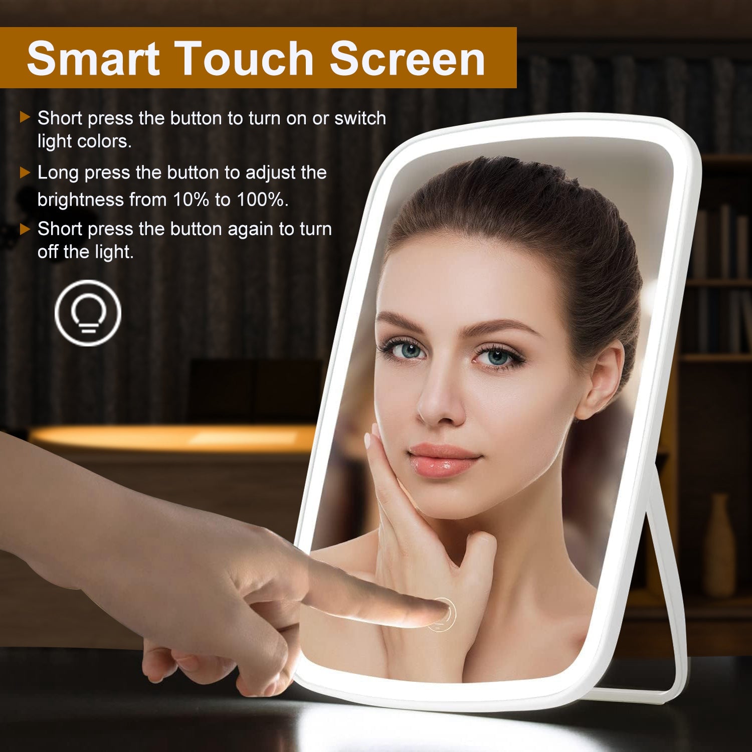 1Pc 5.98x8.62in Lighted Makeup Mirror Vanity Desk Mirror Small LED Mirror With 3 Light Colors Touch Screen Brightness Adjustable USB Rechargeable