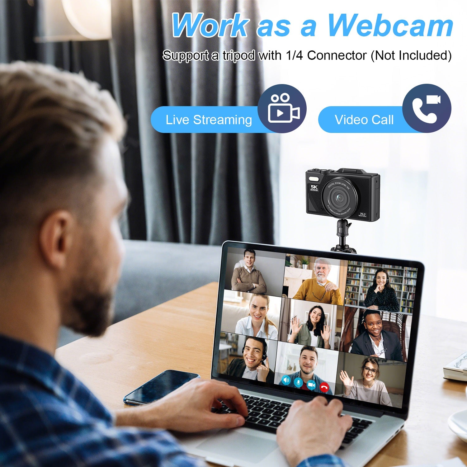 1Pc 5K 75MP Digital Camera For Photography Anti Shake WiFi Vlogging Video Camera With 9 Shooting Modes 18X Zoom Fill Light Webcam Function 2 Batteries 32G MMC Card 180Degree Flip IPS Screen