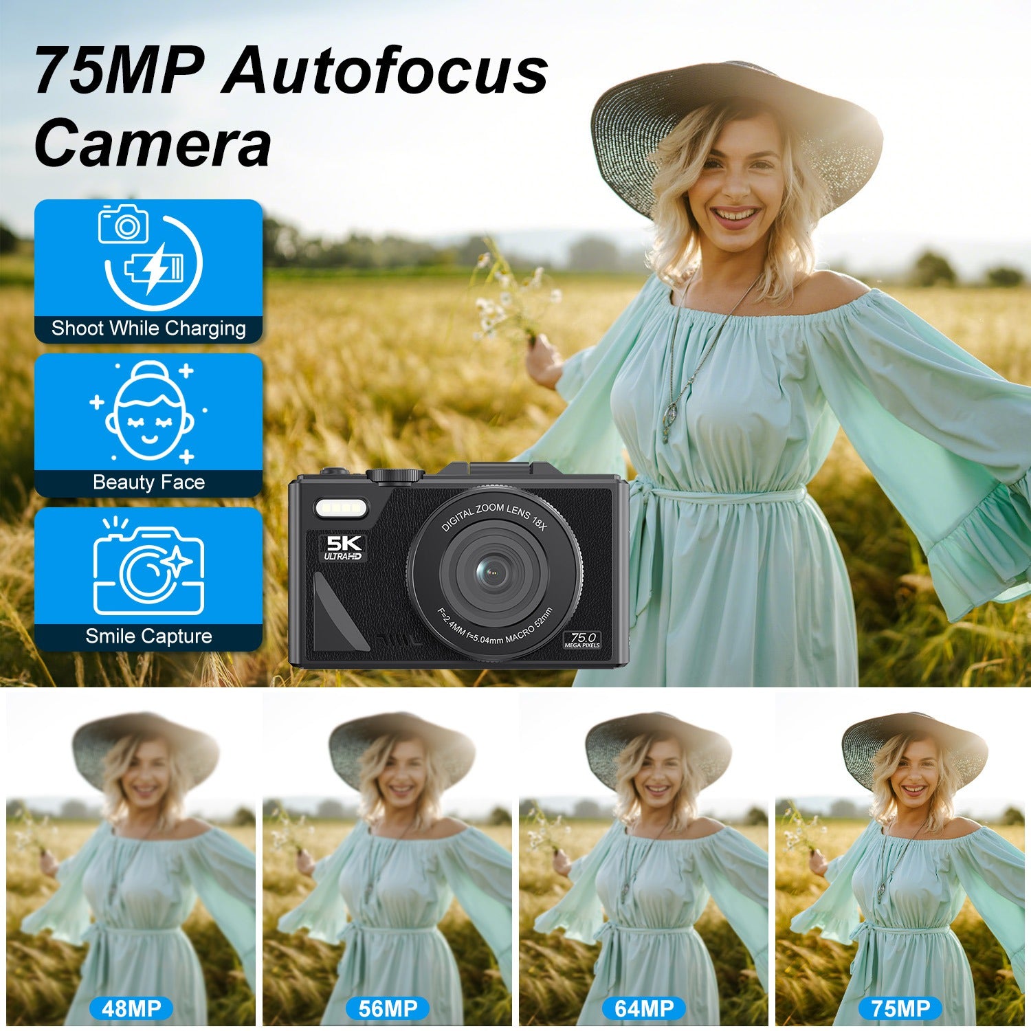 1Pc 5K 75MP Digital Camera For Photography Anti Shake WiFi Vlogging Video Camera With 9 Shooting Modes 18X Zoom Fill Light Webcam Function 2 Batteries 32G MMC Card 180Degree Flip IPS Screen